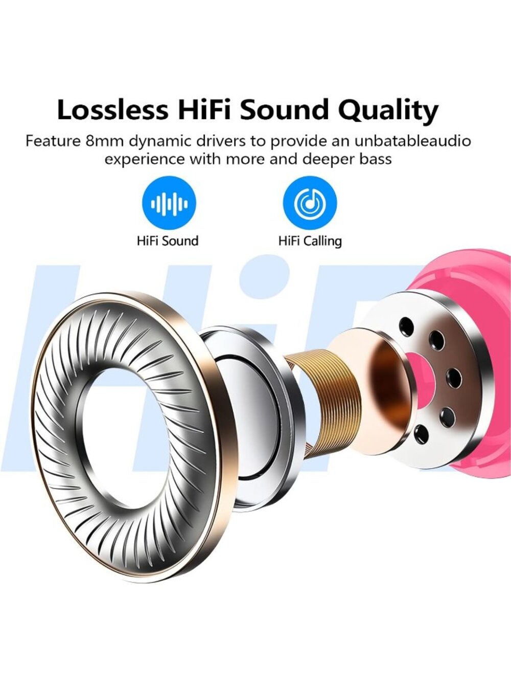 Wireless Hot Pink Earbuds Bluetooth 5.3 Deep Bass Sound Built in Mics Clear Call - Picture 5 of 7